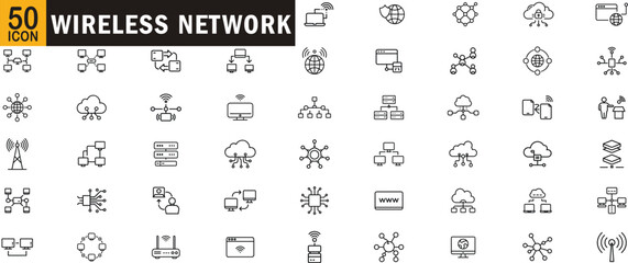 Wireless network editable outline icon set. Router, cloud, server, signal, connection and more.