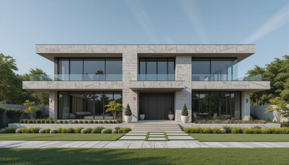Modern House Exterior with Gray & Beige Marble Cladding and Large Glass Windows