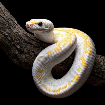 A beautiful albino ball python with yellow markings gracefully coils around a branch, its scales shimme against a dark background highlighting its unique pattern.