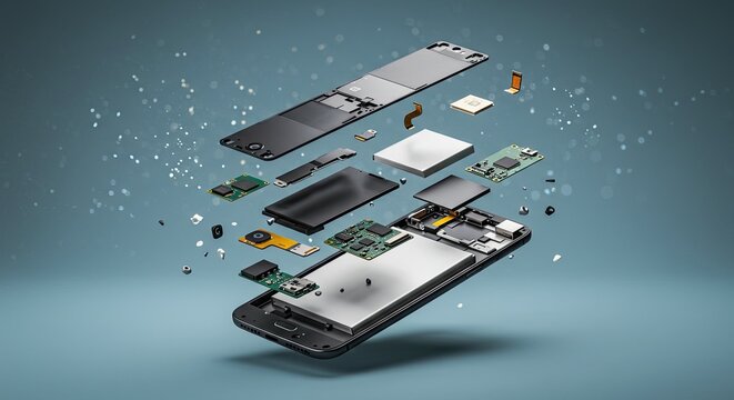 Smartphone components dispersed in the air
