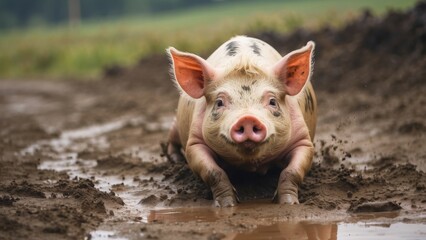 A pig rolling in the mud 