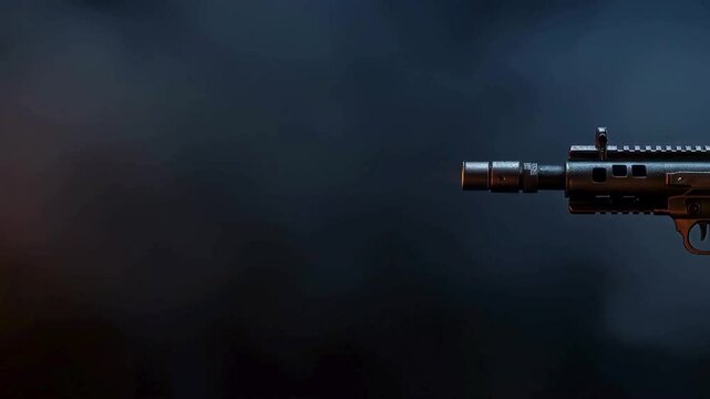Submachine Gun Firing with Muzzle Flash and Smoke