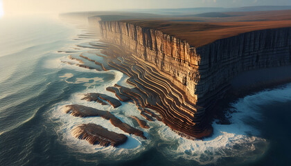 A coastal cliff abutting the ocean waves, showing erosion patterns and natural land formation.