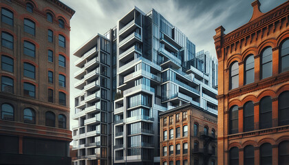 Fototapeta premium A modern apartment building abutting an old brick structure, showcasing contrast in urban architectural styles.