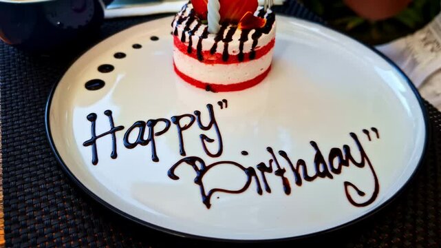 Revealing of Happy Birthday written on plate and cutting of cake by a woman in a hotel of Bali, Indonesia.