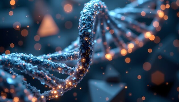 Futuristic banner featuring a spiraling, double helix DNA structure composed of glowing, crystalline segments