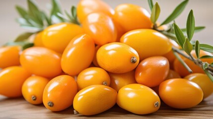Pile of ripe seabuckthorn berries with green leaves.