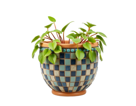 Close-up of a mosaic patterned planter with a healthy leafy plant.