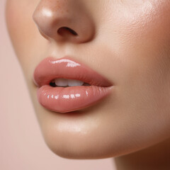 Naklejka premium beauty shot that highlights the lower portion of a woman's face, focusing on her lips, chin, and part of her nose. Perfect for promoting lip products, skincare, or cosmetics.