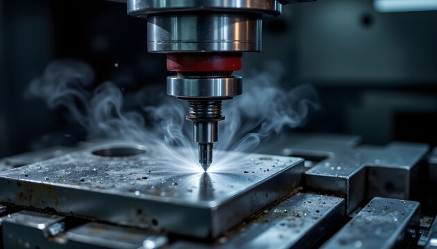 A high precision CNC milling machine expertly shaping a block of raw metal. Coolant sprays precisely onto the cutting area, highlighting the intricate detail being achieved by the multi axis tool