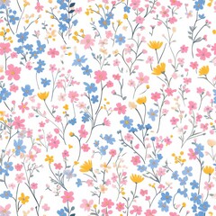 Tiny pastel pink, blue, and yellow flowers in a pattern on a white background.