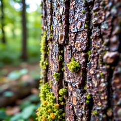 Fototapeta premium Close-up of textured tree bark covered with bright green moss in a lush forest with blurred trees and greenery in the background du daylight