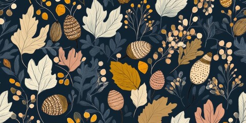 A seamless pattern with hand-drawn acorns and leaves, their soft lines blending into an autumnal forest floor in navy blue hues. 