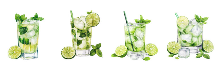 Refreshing Mojito Cocktails Four Watercolor Illustrations of Iced Lime Mint Drinks