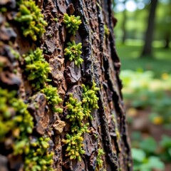 Fototapeta premium Close-up view of vibrant green moss growing on textured tree bark in a lush forest setting with blurred foliage in the background