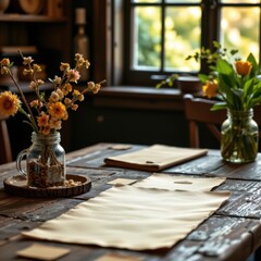 Fototapeta premium Cozy rustic dining room with wooden table decorated with fresh flowers in glass jars, sunlit window in background creating warm welcoming atmosphere