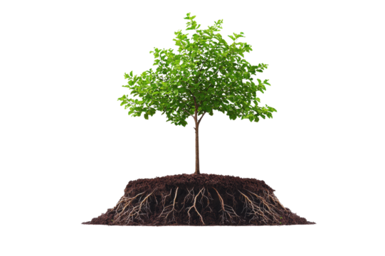 Young sapling tree with exposed roots growing in soil isolated transparent background