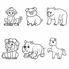 This animal line art bundle features six adorable cartoon-style animals: monkey, pig, bear, lion, rhinoceros, and horse — all illustrated in clean black and white outlines. Each character has a friend