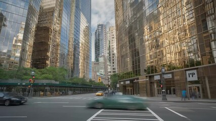Modern glass skyscrapers in midtown district with sleek architecture and blue sky reflections, contemporary urban cityscape