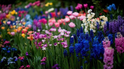Obraz premium Vibrant Spring Flower Garden Bloom Colorful Tulips Hyacinths and More