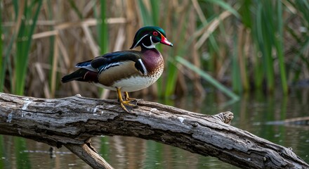 Majestic Wood Duck on a Log by the Water