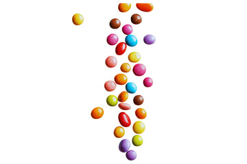Colorful candy coated chocolate candies falling against transparent background delicious sweet treats