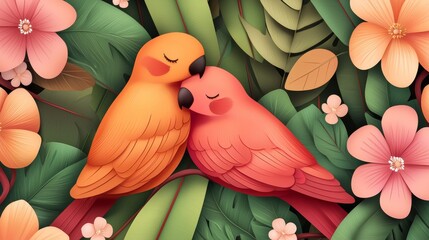 Obraz premium Two colorful parrots cuddle amidst vibrant tropical leaves and flowers in a stylized, artistic scene.