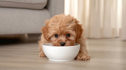 A small fluffy puppy is eating from a white bowl on a wooden floor in a cozy indoor setting.