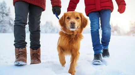 A golden retriever walks with two people in winter snow, creating a joyful outdoor scene.