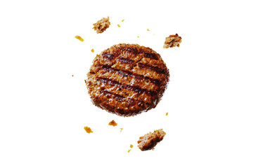 Delicious grilled burger patty falling with crumbs isolated transparent background