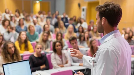 Zelfklevend Fotobehang Medical professional delivers a lecture to students in a university auditorium during a daytime session © fotofabrika