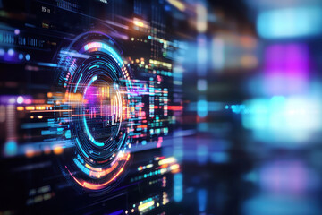 Abstract digital technology background with glowing circular patterns and vibrant colors, conveying sense of innovation