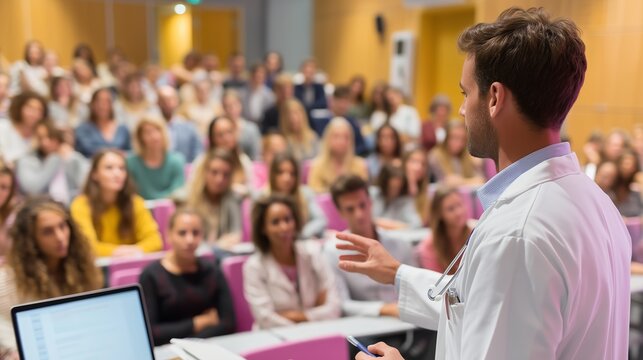 Medical professional delivers a lecture to students in a university auditorium during a daytime session