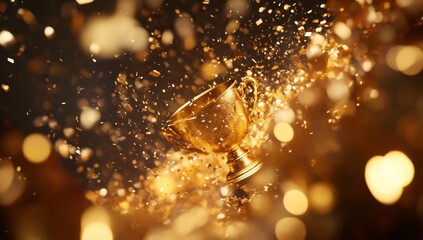 Golden trophy with golden confetti on a dark background, in sharp focus, high-resolution photography. 