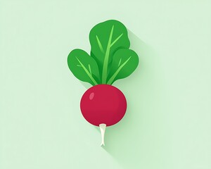 A simple red radish icon with bold green accents isolated against a pale mint-green background crystal-clear finish