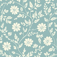 a seamless pattern of vintage shabby chic light blue floral design, with white flowers and leaves, on an isolated background, using flat vector shapes and a soft color palette