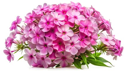 Beautiful and bountiful collection of bright pink Phlox flowers on a white background