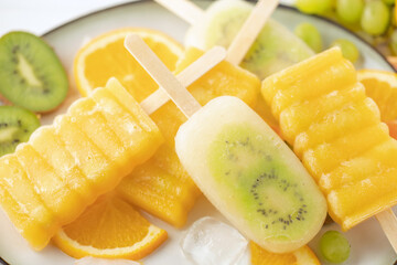 Frozen juice orange. Ice cream popsicles. Summer sweets and desserts. Vegan food. Top view