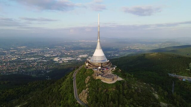 Unique broadcast Je&scaron;těd tower, hotel above Liberec, panoramic forest and hills
