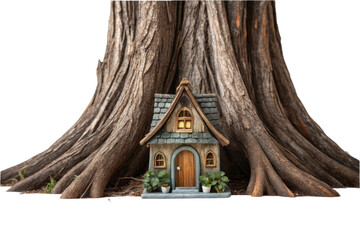 PNG Charming miniature cottage nestled against a majestic tree trunk