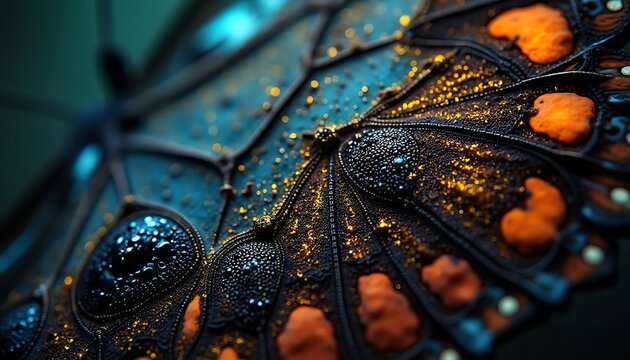 Detailed Close-up of Butterfly Wing with Intricate Patterns and Shimmering Colors