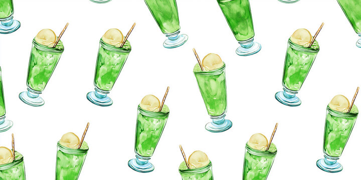クリームソーダとバニラアイスの水彩イラスト背景素材｜緑の炭酸飲料とサクランボが可愛い、レトロポップなスイーツドリンクの手描きパターンデザイン