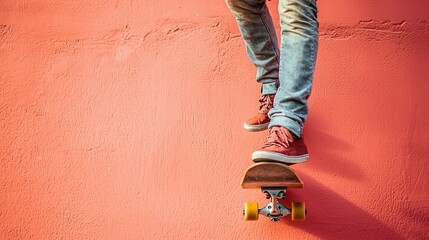 Teenagers feet on skateboard against coral wall