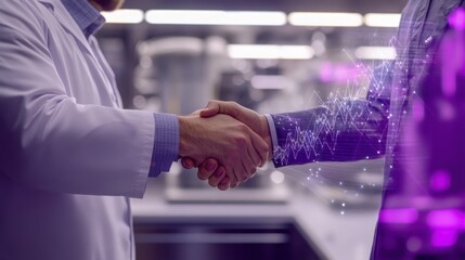 A powerful handshake sealing a tech collaboration between science and business purple digital