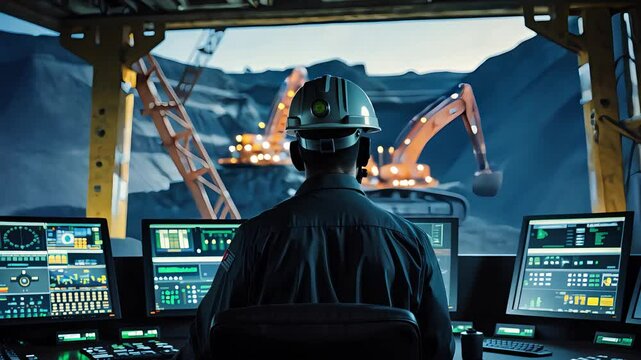 Worker in hardhat monitoring screens in control room with cranes and machinery operating at night in industrial mining site