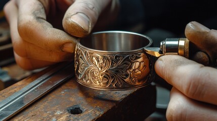 A skilled goldsmith carefully engraves an intricate floral pattern onto a precious metal at a workbench in a close-up shot showcasing craftsmanship.