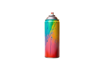 PNG Colorful spray paint can with artistic splatter on black background