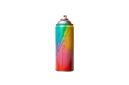 PNG Colorful spray paint can with artistic splatter on black background