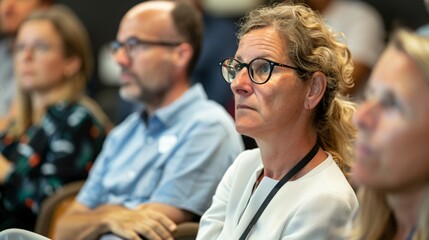 Tech professionals attentively listening to a keynote speaker on stage at modern conference hall. Business seminar, corporate training, professional education and career development concepts.
