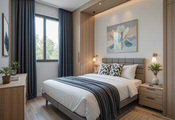 Small Space Bedroom with Smart Storage, Foldable Bed, and Modern Decor